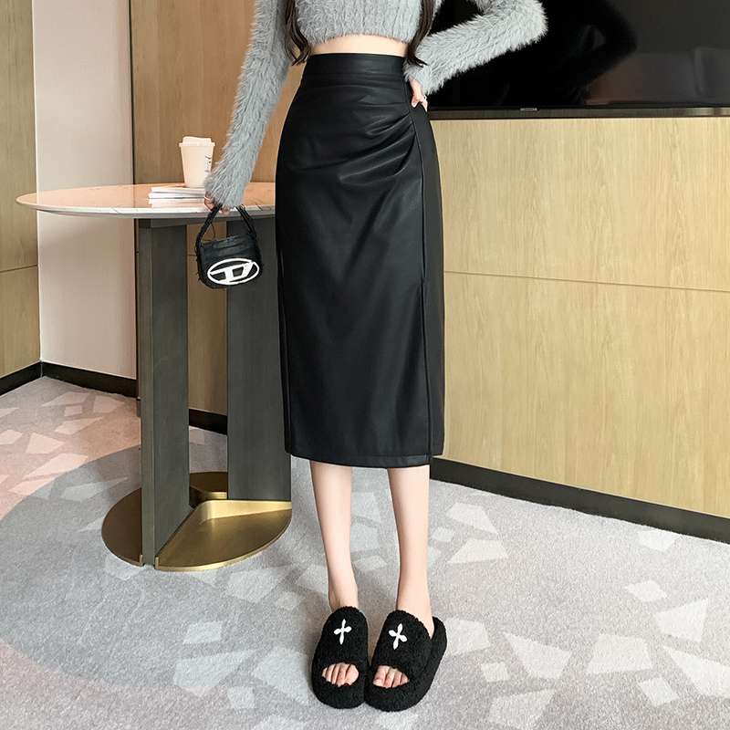 半身裙女2025秋冬pu包臀高腰百褶中長款裙子設計感褶皺小皮裙
