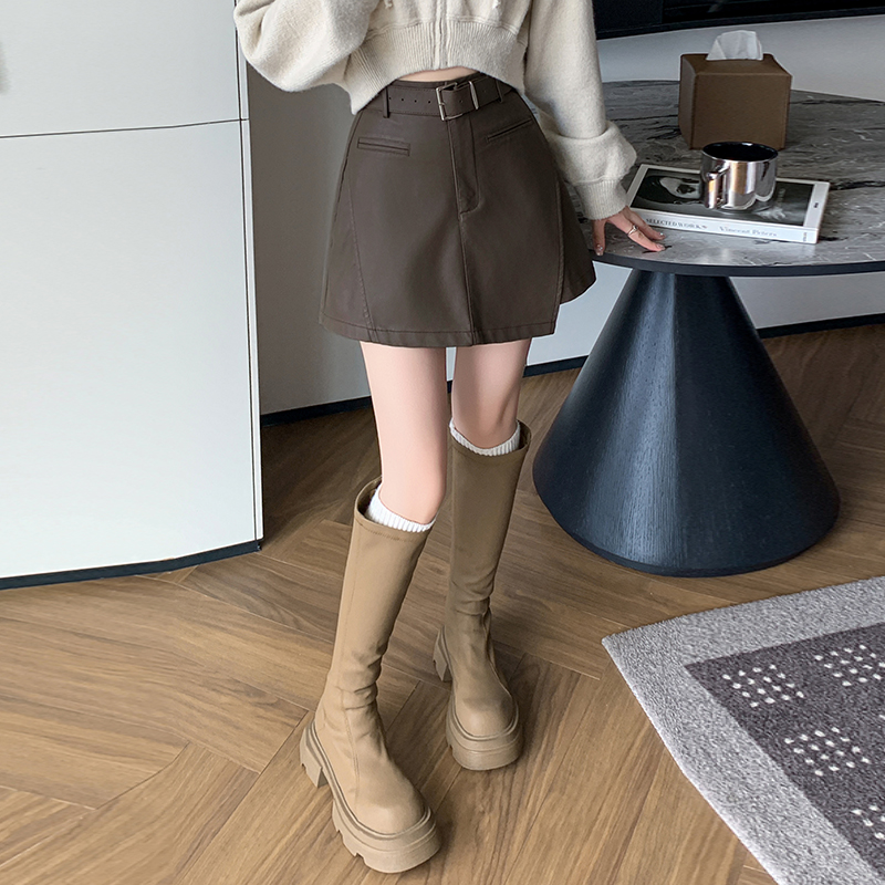 皮裙褲女2025秋冬休閑皮褲裙百搭半身裙pu皮短裙高腰a字裙褲