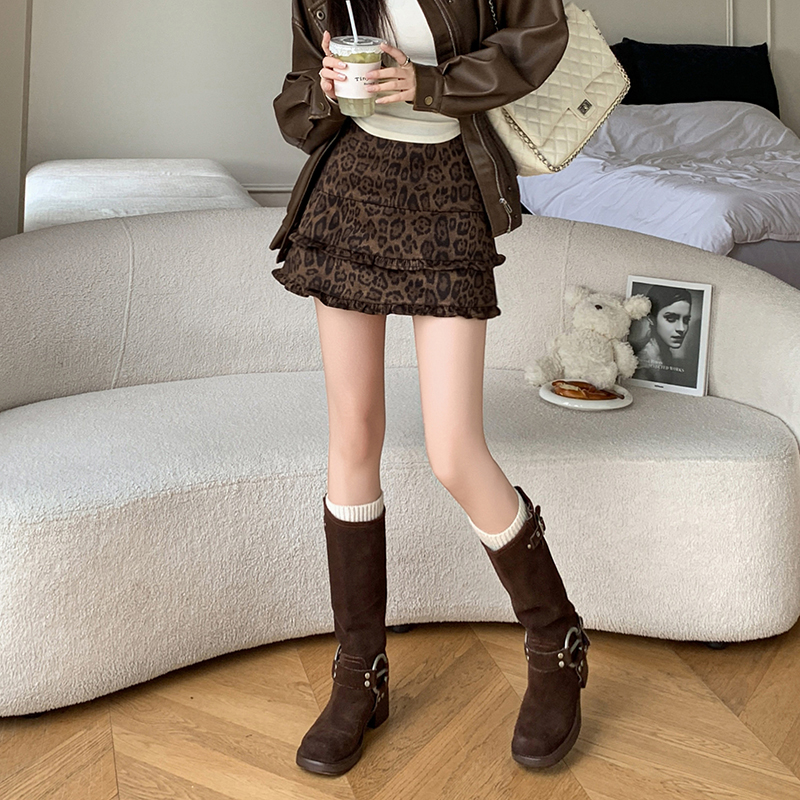 秋冬新款麂皮絨印花豹紋荷葉木耳邊半身裙a字防走光短褲裙女
