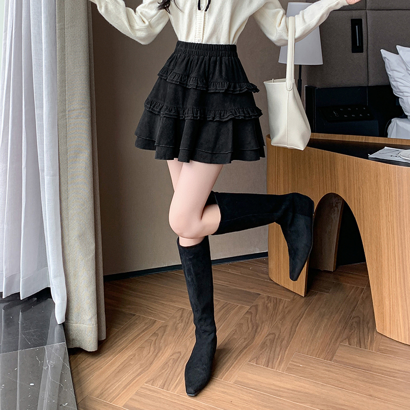有貨2025秋冬芭蕾風麂皮絨甜美蛋糕半身裙A字裙蓬蓬木耳百褶短裙