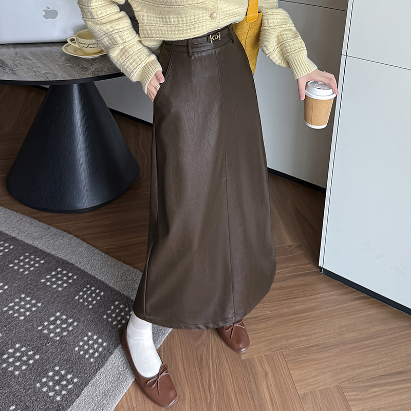 中長款半身裙女2025秋冬A字裙顯瘦百搭韓版pu皮裙高腰通勤直筒裙