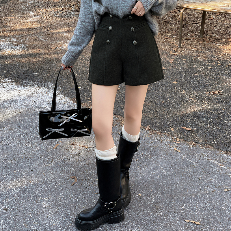 有貨休閑短褲女2025秋冬新款高腰西裝毛呢短褲排扣呢子A字闊腿褲