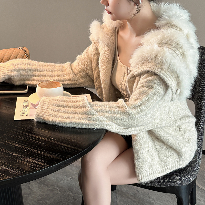 MY14462# 羊驼毛衣设计感海军领麻花软糯针织衫女开衫加厚毛领外套上衣女裝貨源服裝批發