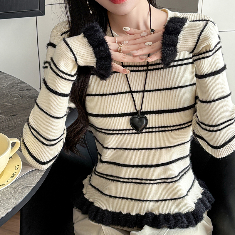MY14455# 毛衣圆领套头毛绒木耳边针织衫女加厚条纹打底衫内搭外穿女裝...