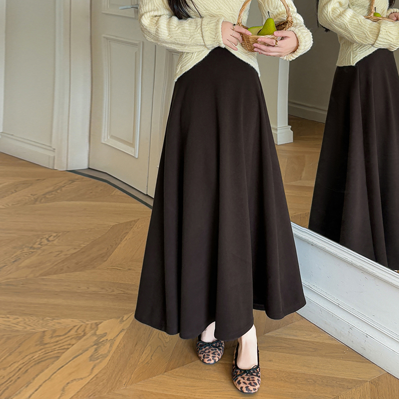 MY14452# 中长款半身裙毛呢加绒大摆遮胯松紧设计感显瘦呢子高腰裙女裝...