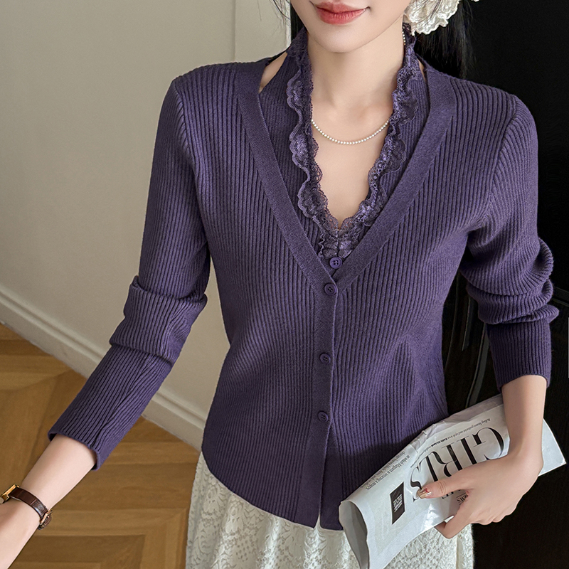 MY14457# 长袖毛衣花边挂脖假两件v领针织衫女排扣打底衫内搭外穿女裝...