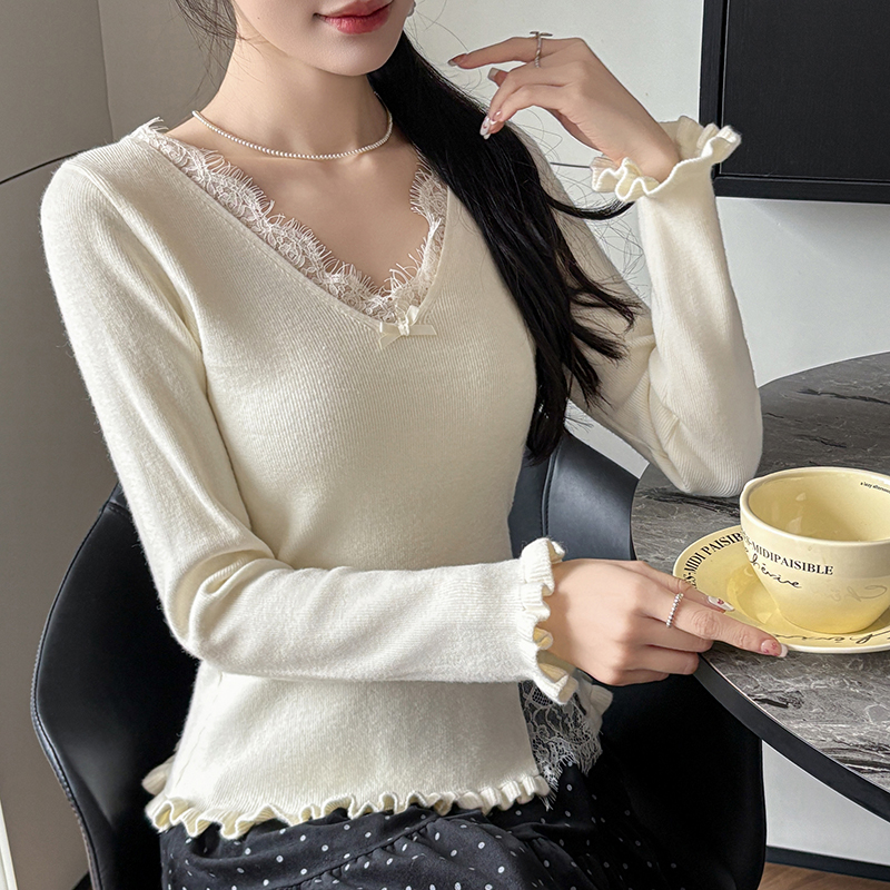 MY14451# 蕾丝花边长袖V领毛衣韩版针织衫女木耳边打底衫内搭外穿女裝...