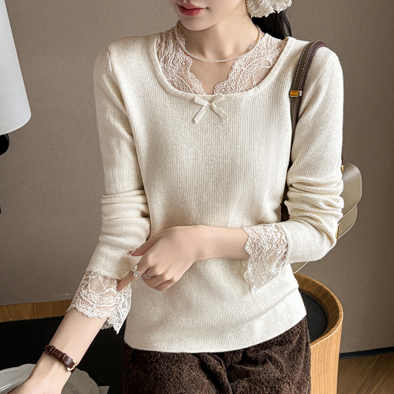 MY14456# 性感蕾丝边圆领加绒加厚打底针织衫女设计感长袖内搭上衣女裝...