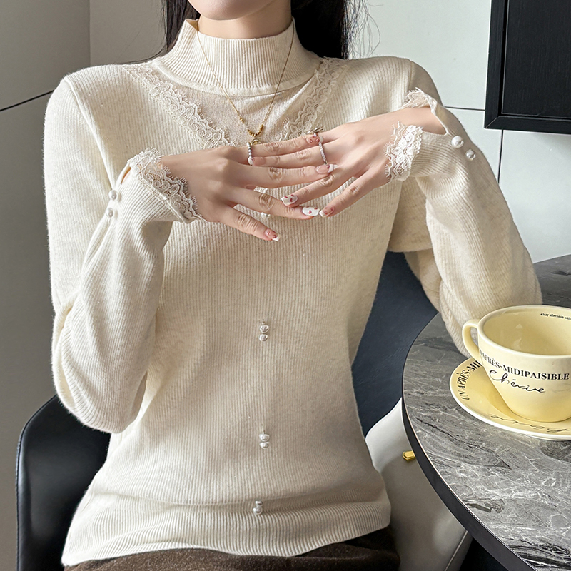 MY14428# 小立领蕾丝圆领加绒加厚打底针织衫女排扣长袖内搭上衣女裝貨源服裝批發