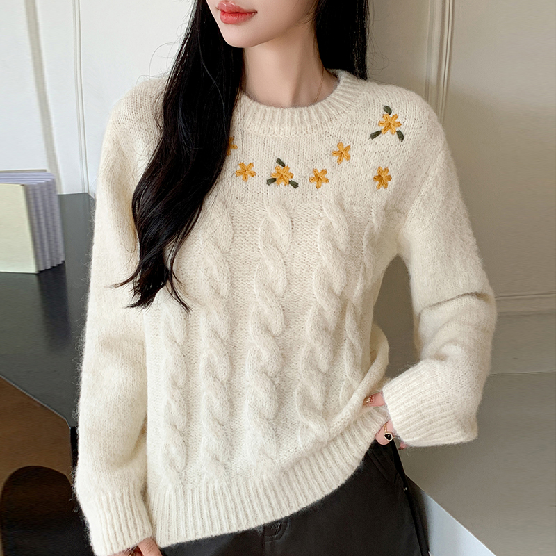 MY14993# 温柔甜美软糯设计感毛衣刺绣圆领套头针织开衫女长袖上衣女裝貨源服裝批發