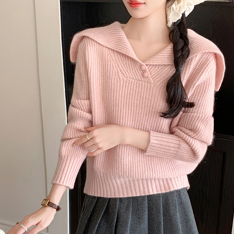 MY14992# 新款复古海军领针织衫女韩式百搭设计感翻领毛衣上衣女裝貨源服裝批發