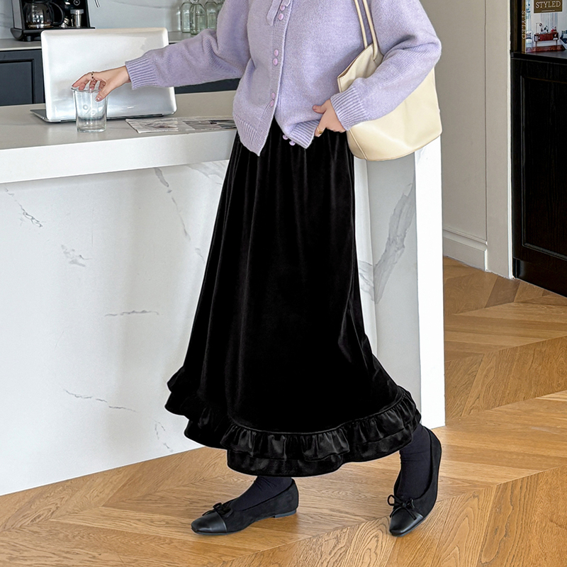 有貨秋冬絲絨半身裙女2025加厚加絨高腰中長裙a字松緊腰遮胯長裙