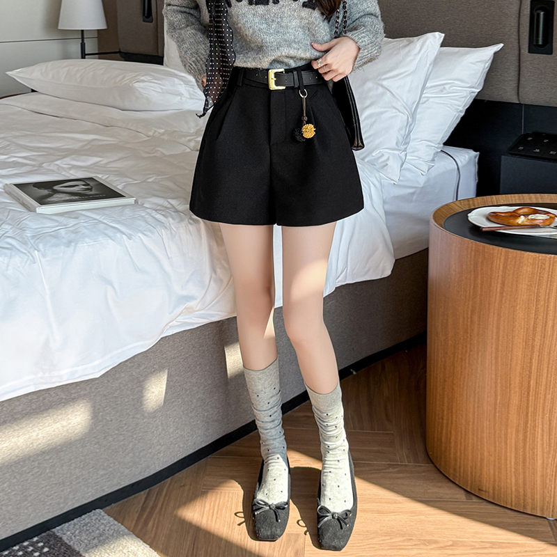 有貨休閑短褲女2025秋冬新款高腰西裝毛呢短褲口袋呢子A字闊腿褲