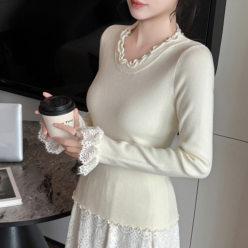 MY14987# 木耳边圆领长袖毛衣加厚韩版针织衫女毛衣打底衫内搭外穿女裝貨源服裝批發