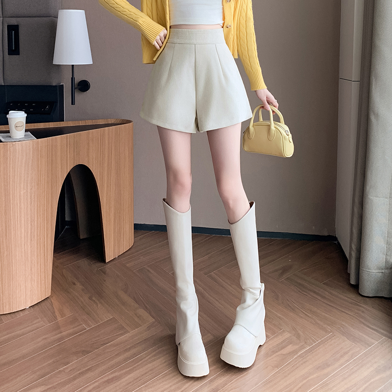 毛呢靴褲女2025秋冬簡約雪尼爾呢子高腰闊腿休閑短褲A字短褲