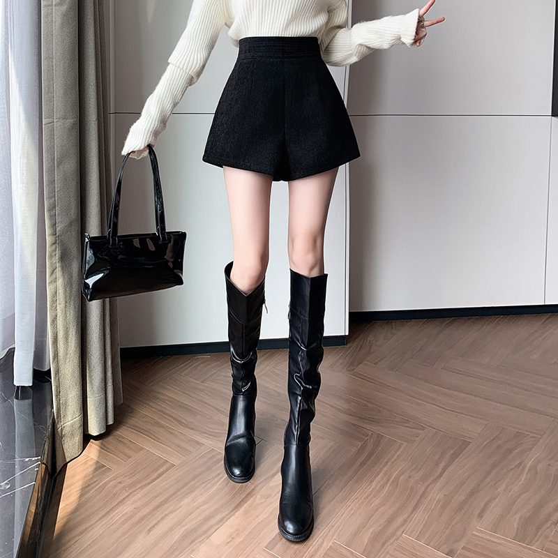 毛呢靴褲女2025秋冬簡約雪尼爾呢子高腰闊腿休閑短褲A字短褲