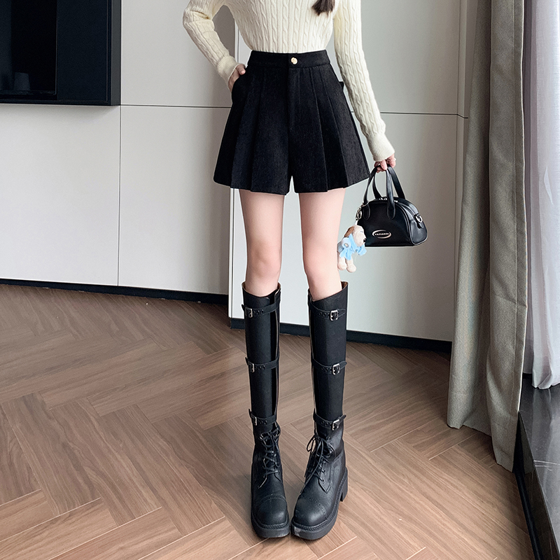雪尼爾毛呢短褲女2025秋冬新款呢子a字裙褲高腰百褶半裙褲女