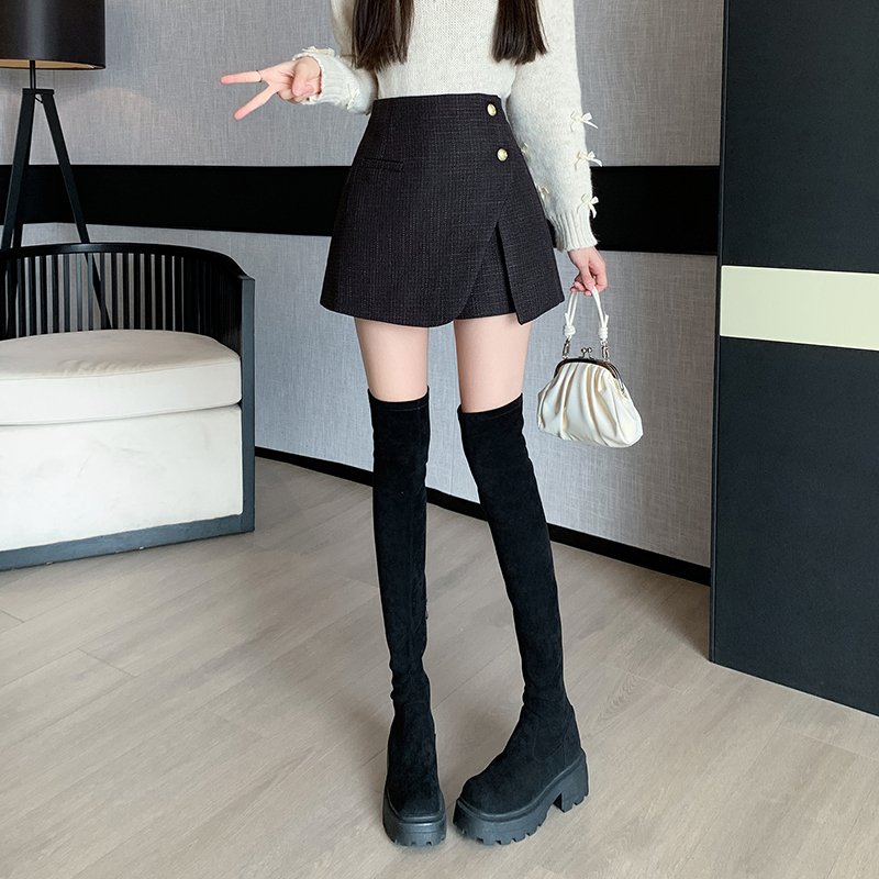 毛呢短裙女2025秋冬新款呢子a字裙高腰防走光短褲百褶半裙女