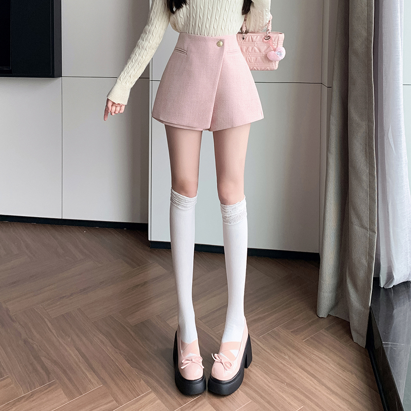小香風短褲女2025秋冬呢子a字裙褲高腰闊腿靴褲外穿紐扣褲裙