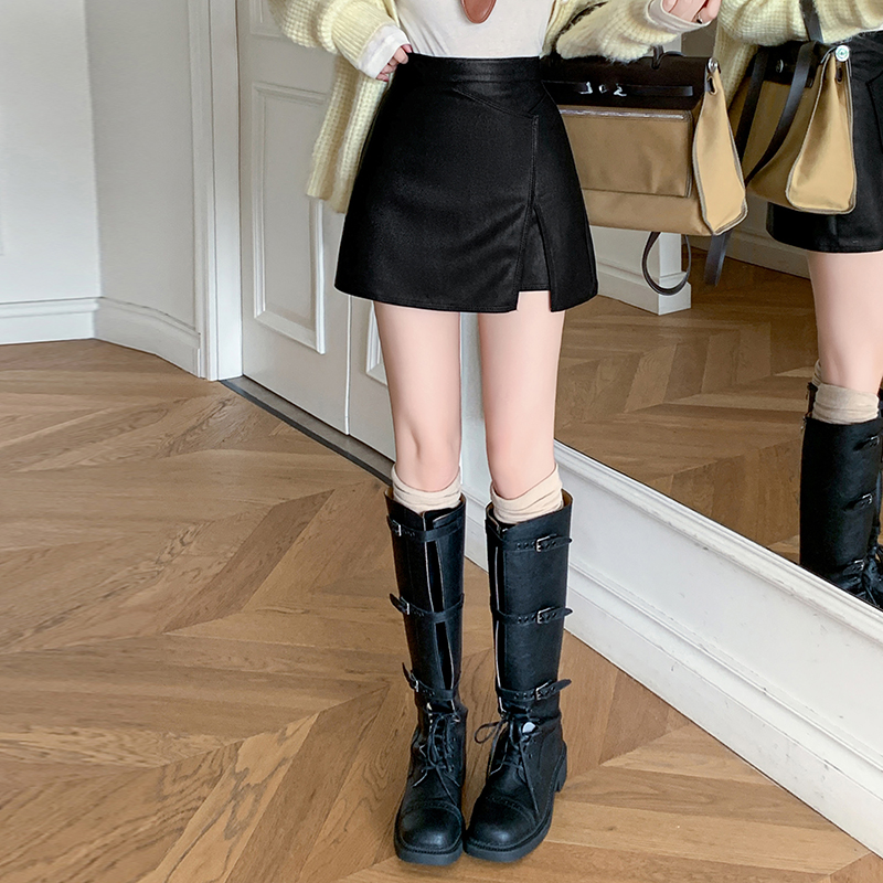 有貨2025秋冬新款高腰Pu皮半身裙女皮裙顯瘦a字裙包臀拼接短裙子