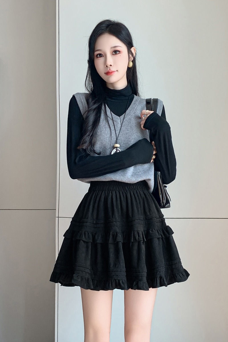 有貨2025秋冬芭蕾風麂皮絨甜美蛋糕半身裙A字裙蓬蓬木耳百褶短裙