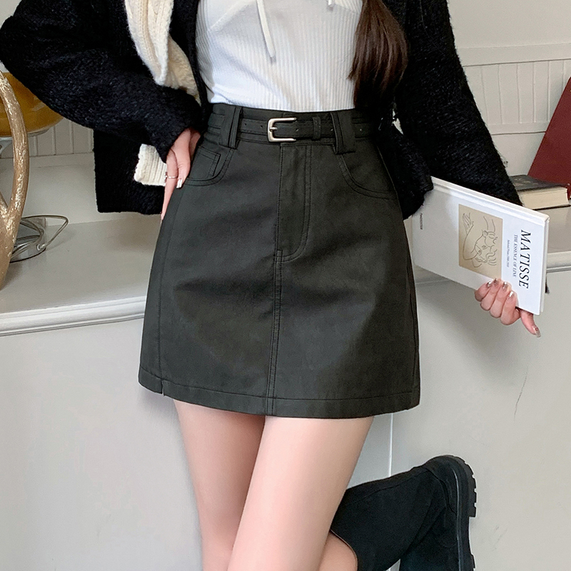 有貨皮裙女2025秋冬防走光褲裙百搭半身裙pu皮短裙高腰a字裙腰帶