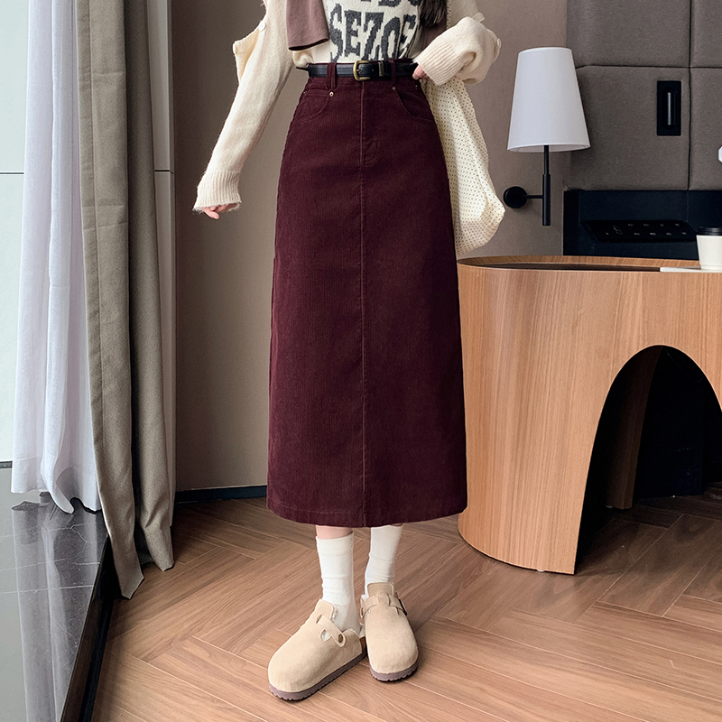 有貨燈芯絨半身裙女2025秋冬中長款半裙復古氣質赫本風高腰直筒裙
