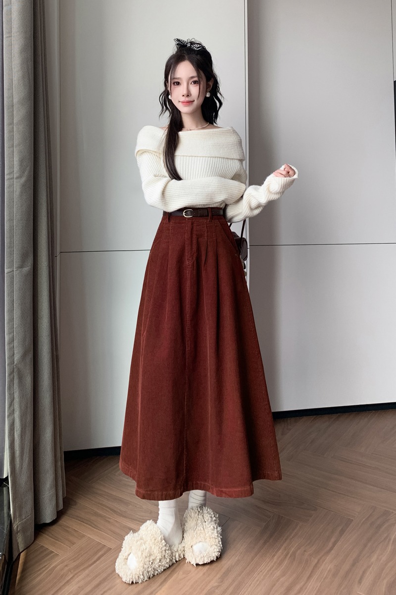 有貨長款半身裙女2025秋冬高腰韓版大擺褶皺遮胯顯瘦燈芯絨中長裙
