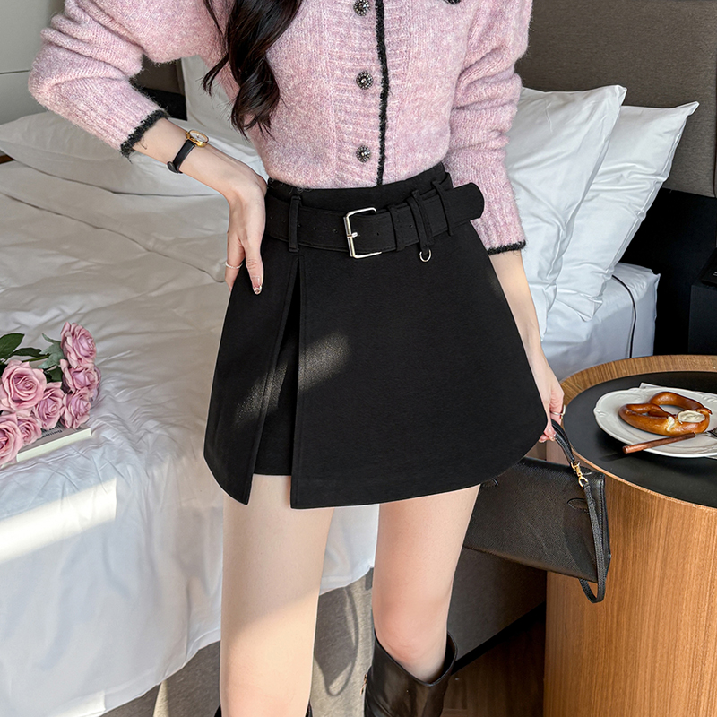 毛呢短褲裙女秋冬A字裙褲拼接腰帶a字半身裙褲女呢子高腰短褲靴褲