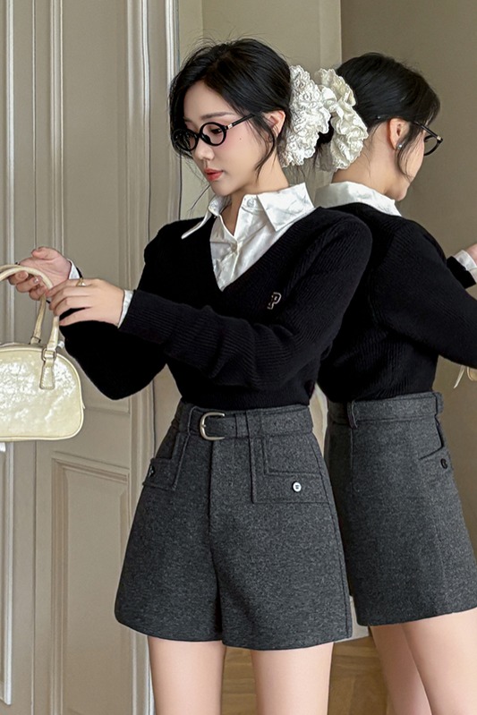 有貨休閑短褲女2025秋冬新款高腰西裝毛呢短褲口袋呢子A字闊腿褲
