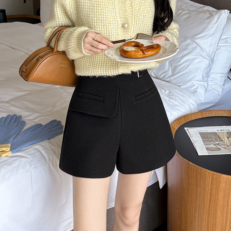 有貨休閑短褲女2025秋冬新款高腰西裝毛呢短褲口袋呢子A字闊腿褲