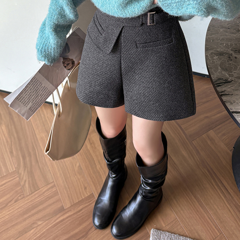 有貨休閑短褲女2025秋冬新款高腰西裝毛呢短褲口袋呢子A字闊腿褲