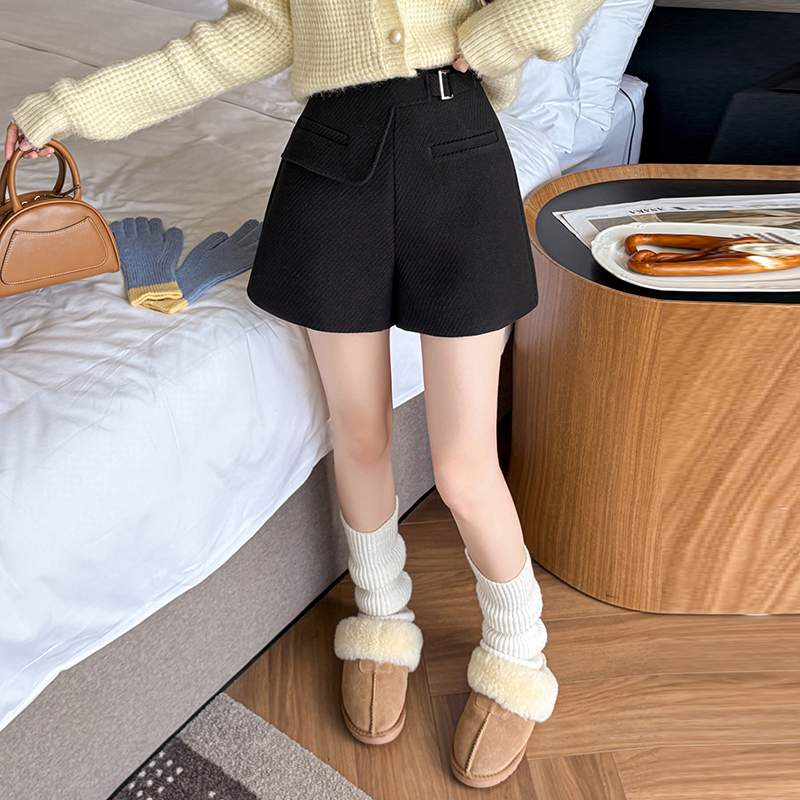 有貨休閑短褲女2025秋冬新款高腰西裝毛呢短褲口袋呢子A字闊腿褲