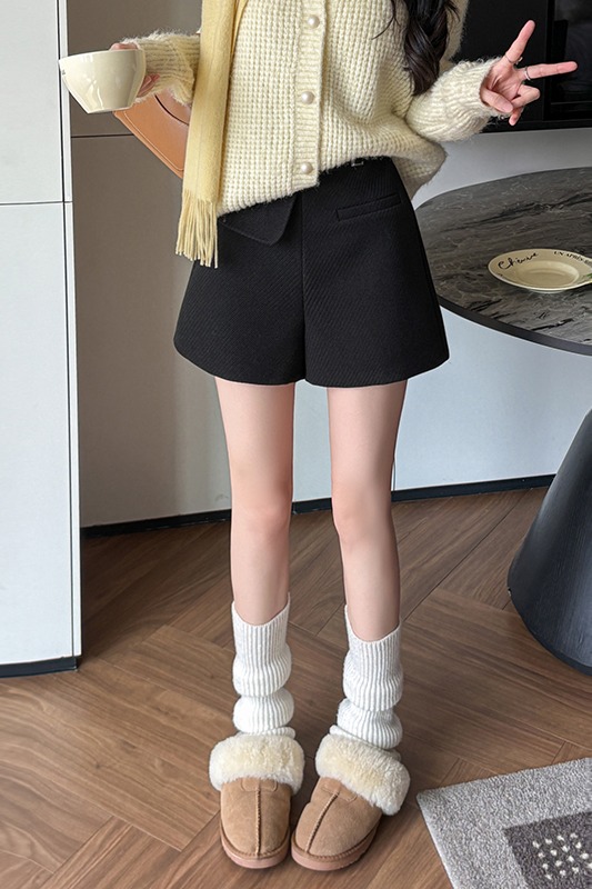 有貨休閑短褲女2025秋冬新款高腰西裝毛呢短褲口袋呢子A字闊腿褲