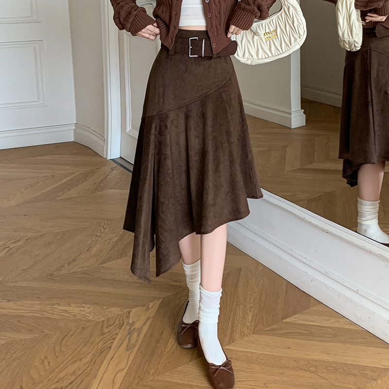 MY15976# 新款麂皮绒半身裙女老钱风不规则开叉裙摆显瘦中长款半裙女裝...