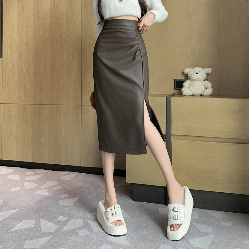 有貨半身裙女2025秋冬pu包臀高腰百褶中長款裙子設計感褶皺小皮裙