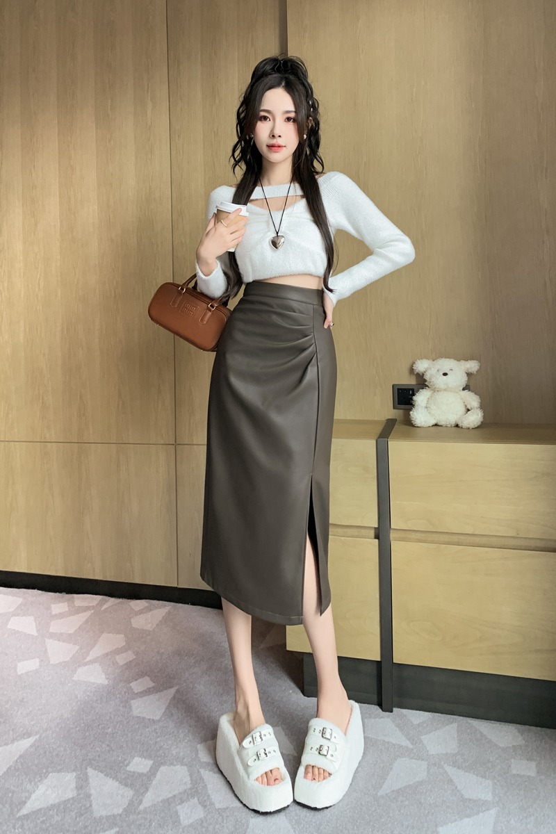 有貨半身裙女2025秋冬pu包臀高腰百褶中長款裙子設計感褶皺小皮裙
