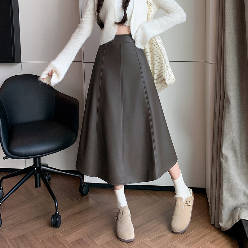 有貨pu皮半身裙女2025冬新大擺皮裙高腰中長裙a字裙遮胯顯瘦半裙