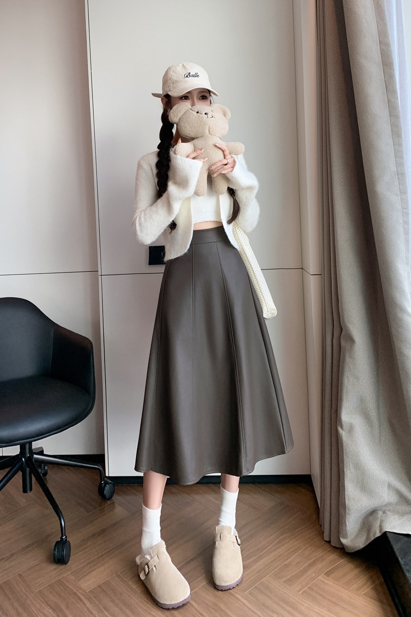 有貨pu皮半身裙女2025冬新大擺皮裙高腰中長裙a字裙遮胯顯瘦半裙