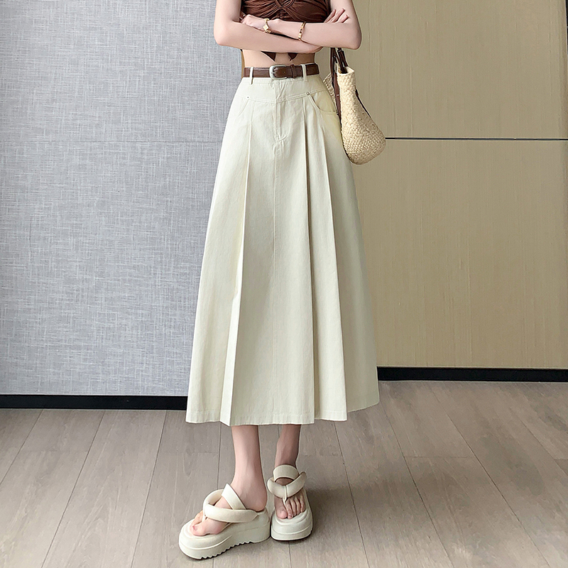 中長款半身裙女2026春夏新款高腰A字大擺OL過膝牛仔傘裙百褶長裙