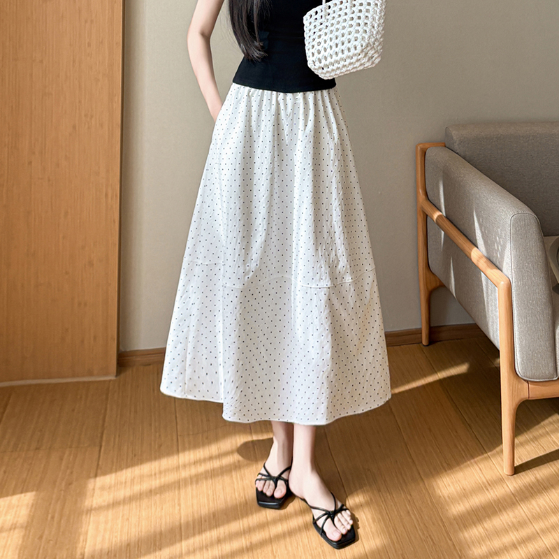 2026春夏新款設計感牛仔休閑a字半身裙女松緊腰中長款波點花苞裙