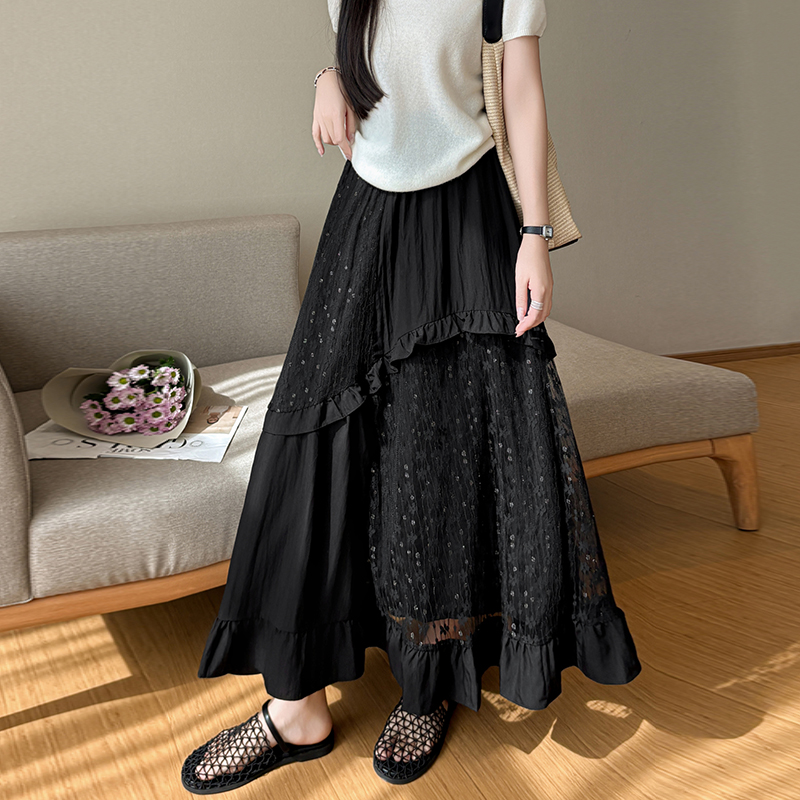 白色中長款半身裙女2026春夏新款蕾絲拼接荷葉邊a字蛋糕裙長裙