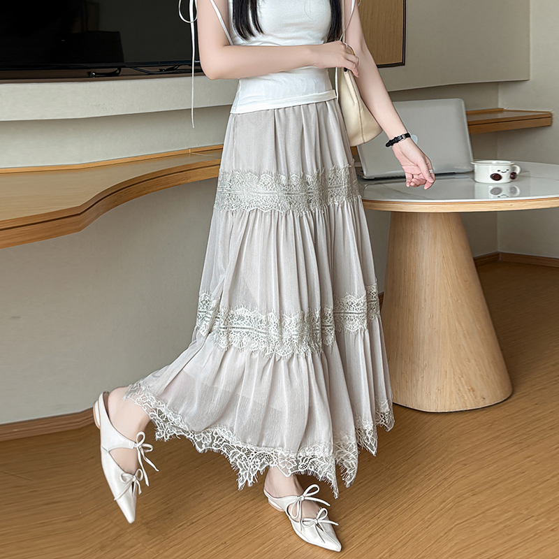 中長款半身裙女2026春夏溫柔仙女裙雪紡蕾絲花邊拼接a字蛋糕長裙