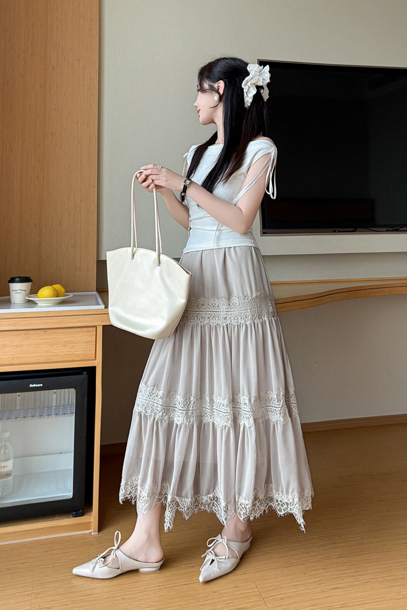 中長款半身裙女2026春夏溫柔仙女裙雪紡蕾絲花邊拼接a字蛋糕長裙