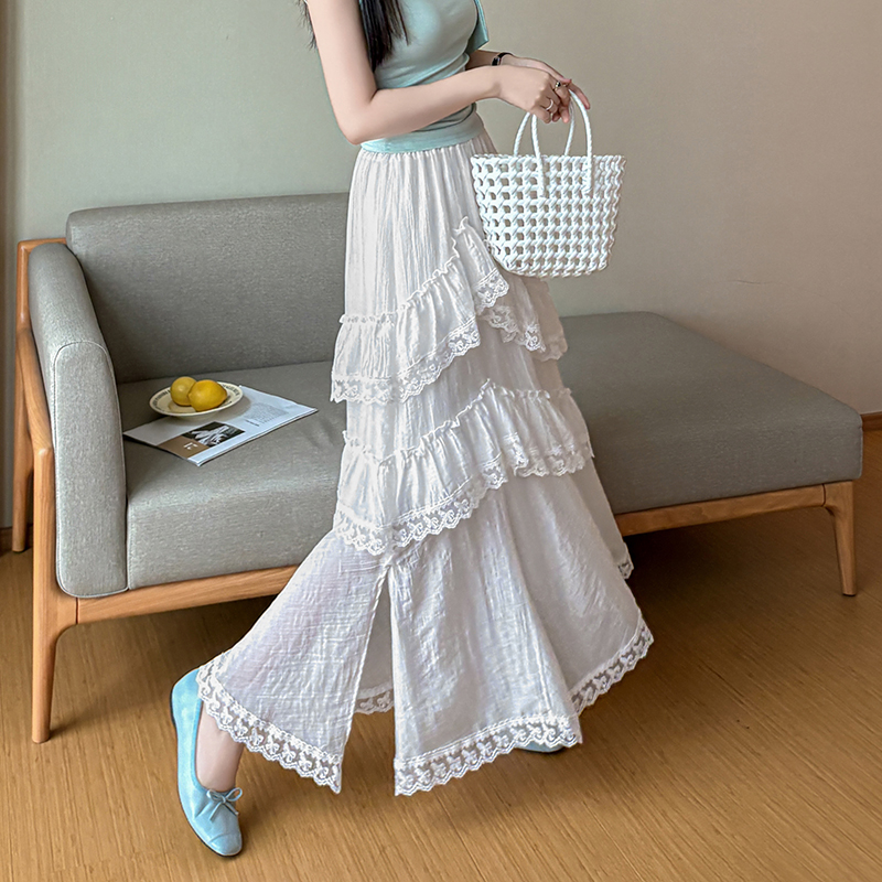 白色中長款半身裙女2026夏新款雪紡蕾絲花邊荷葉邊仙女裙a字長裙