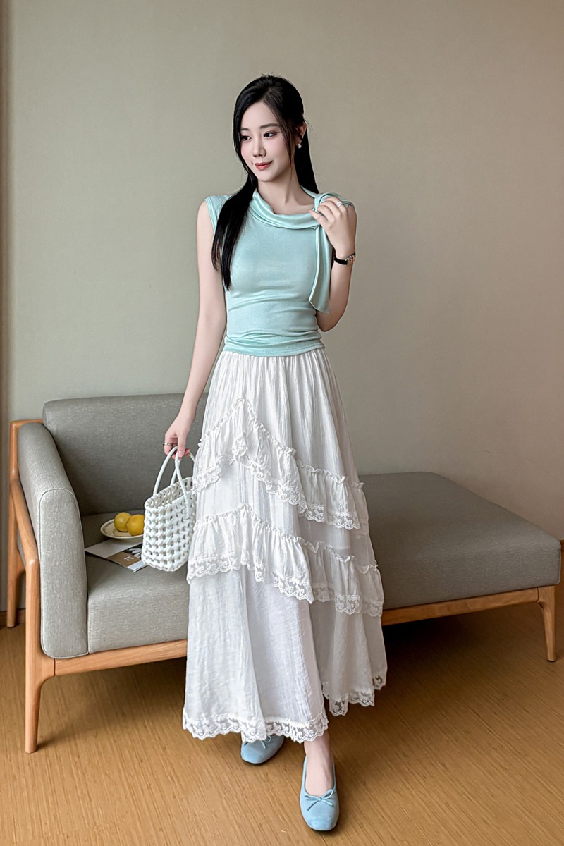 白色中長款半身裙女2026夏新款雪紡蕾絲花邊荷葉邊仙女裙a字長裙