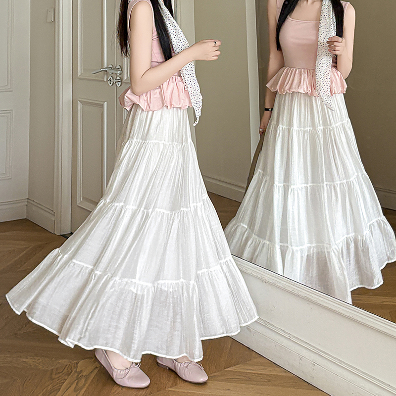 溫柔度假風白色中長款半身裙女2026夏新款顯瘦a字大擺蛋糕裙長裙
