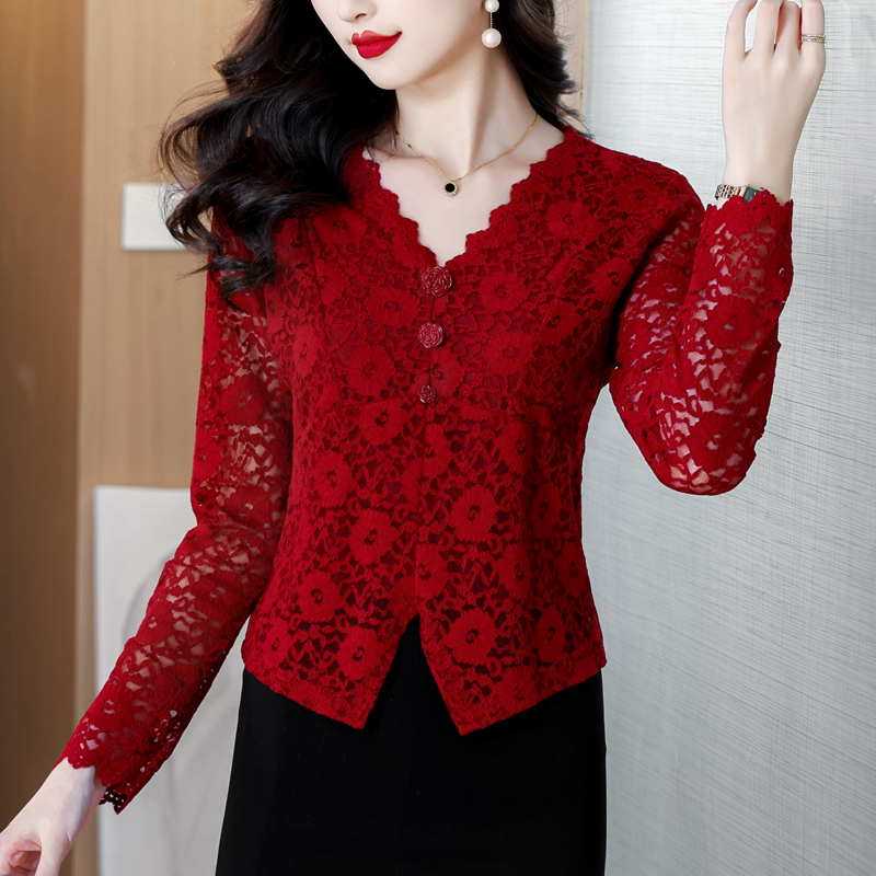 MY16472# 新款红色蕾丝收腰内搭衬衫轻奢高级感时尚洋气V领上衣女裝貨...