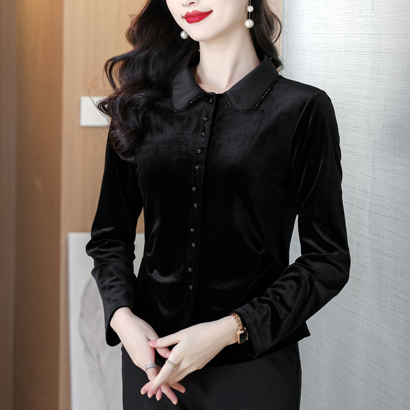 MY16471# 衬衫领黑色金丝绒上衣女装新款时尚洋气打底衬衫女裝貨源服裝...