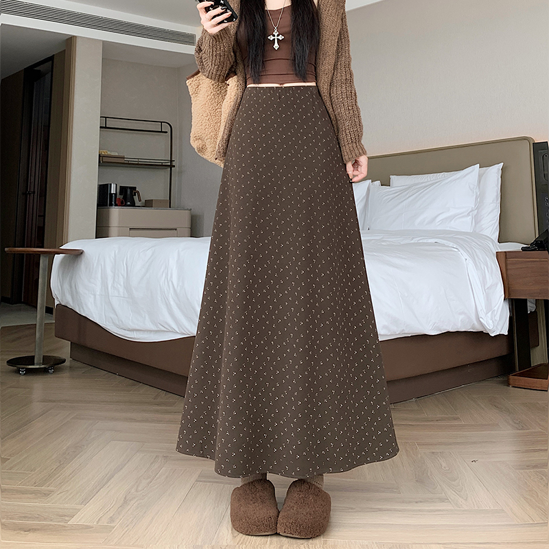 實拍~碎花毛呢半身裙女秋冬新款高腰顯瘦遮跨中長款a字百搭傘裙子